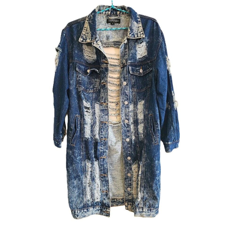 Thrill Jeans Long Denim Jacket - Acid Wash and Heavily Distressed - Size Medium